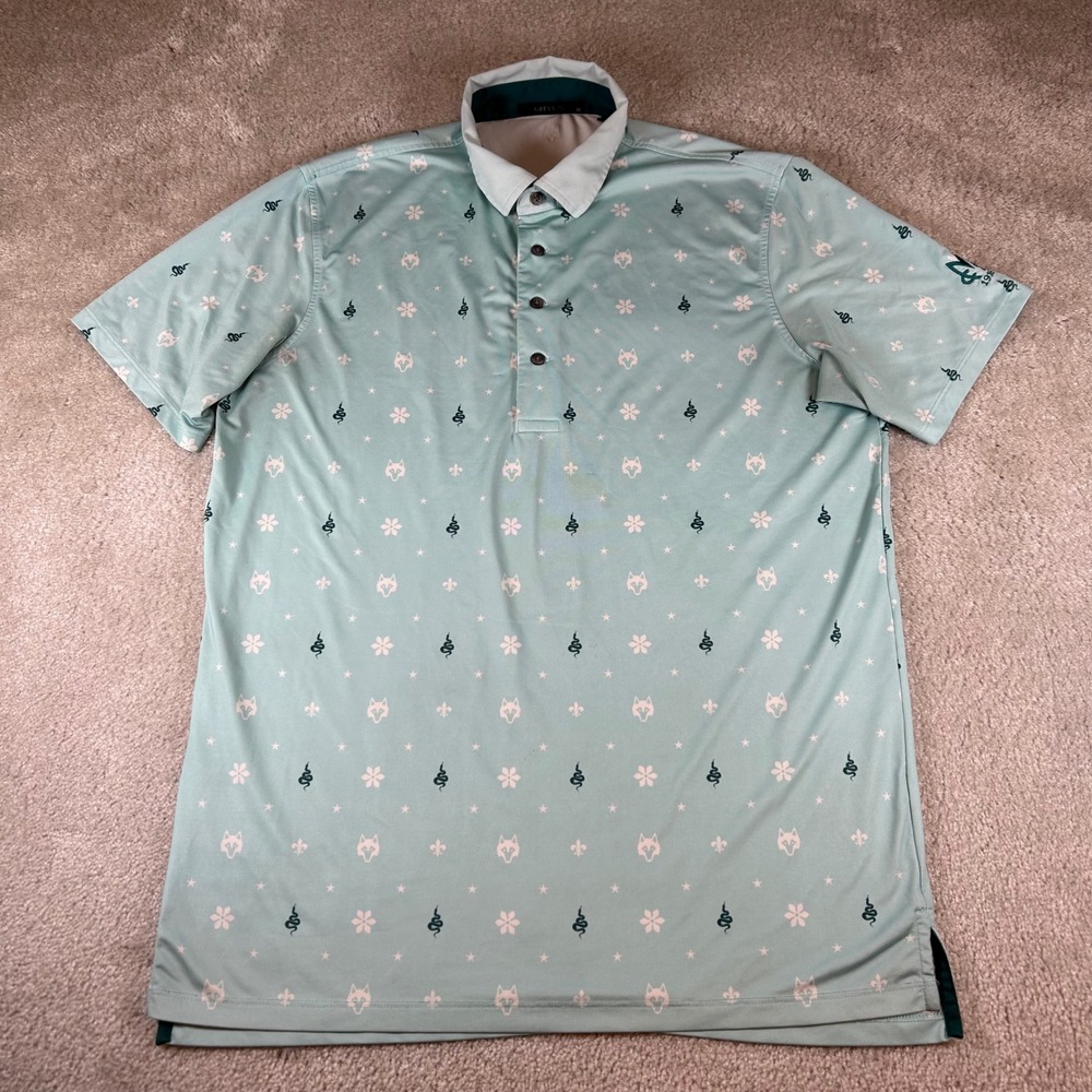 Greyson Polo Shirt Mens Medium Mint Green Wolf Snake Floral Print Performance